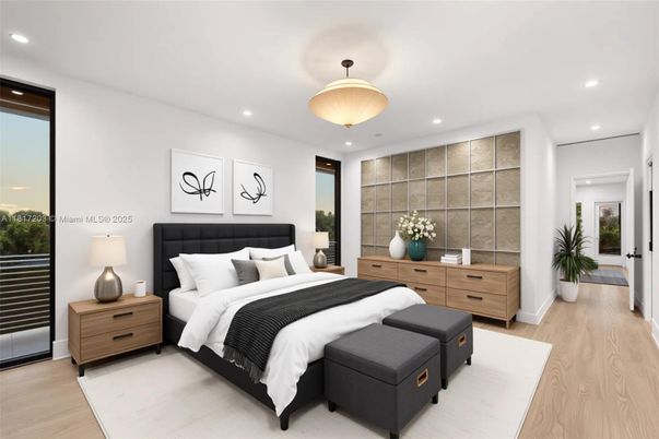 Bedroom, Interior, Pendant Lights, Recessed Lighting, Wood Texture Flooring