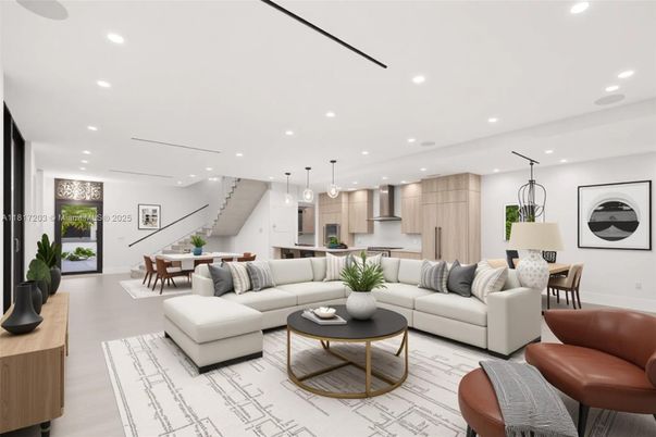 Dining room, Interior, Kitchen, Living room, Pendant Lights, Recessed Lighting, Stainless Steel Appliances, Wood Texture Flooring