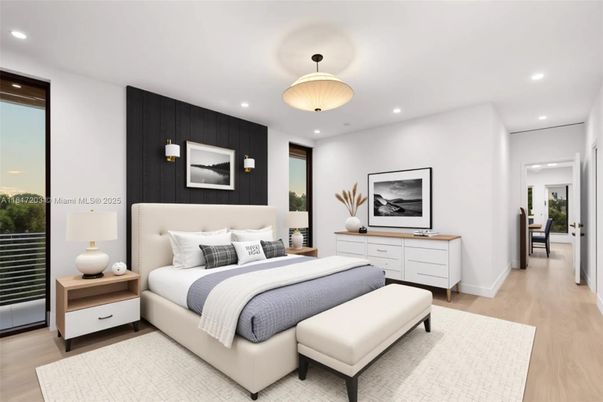Bedroom, Interior, Pendant Lights, Recessed Lighting, Wood Texture Flooring