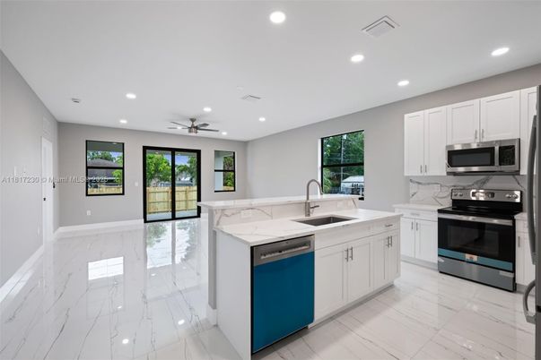 Interior, Kitchen, Marble, Recessed Lighting, Stainless Steel Appliances