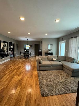 Dining room, Interior, Living room, Pendant Lights, Recessed Lighting, Wood Texture Flooring