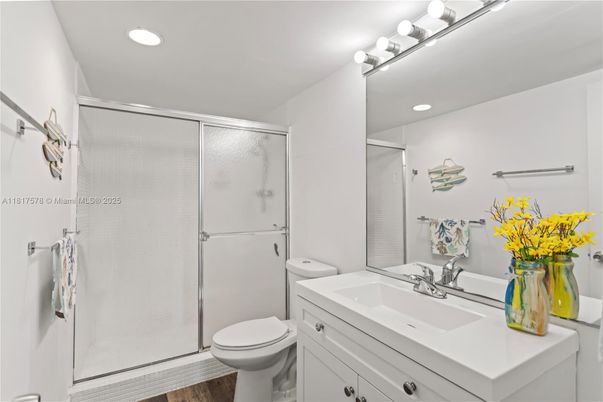 Bathroom, Glass Shower, Interior, Recessed Lighting, Wood Texture Flooring