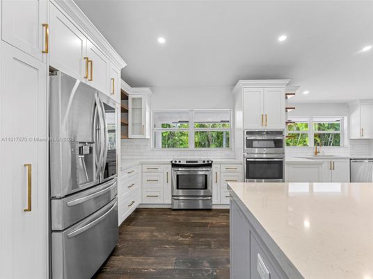 Interior, Kitchen, Recessed Lighting, Stainless Steel Appliances, Wood Texture Flooring