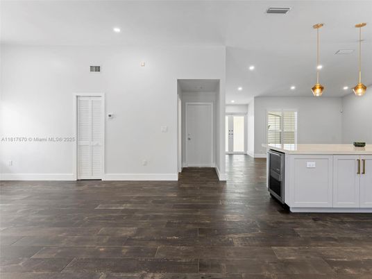 Empty room, Interior, Kitchen, Pendant Lights, Recessed Lighting, Wood Texture Flooring