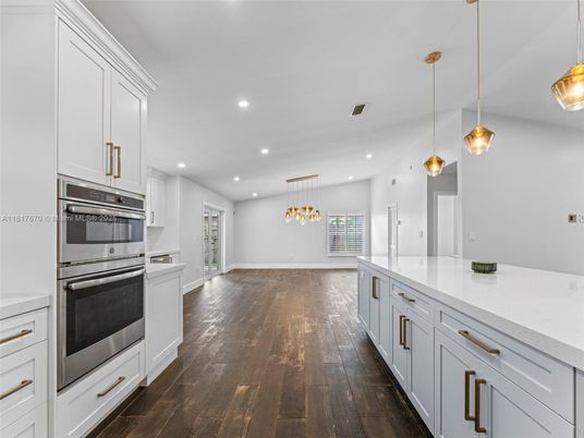 Interior, Kitchen, Pendant Lights, Recessed Lighting, Stainless Steel Appliances, Wood Texture Flooring