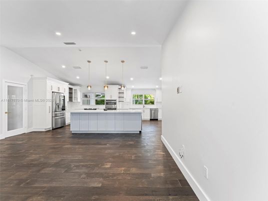 Interior, Kitchen, Pendant Lights, Recessed Lighting, Stainless Steel Appliances, Wood Texture Flooring