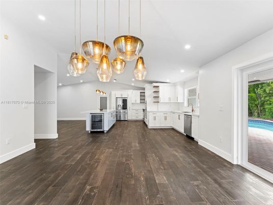 Interior, Kitchen, Pendant Lights, Recessed Lighting, Stainless Steel Appliances, Wood Texture Flooring