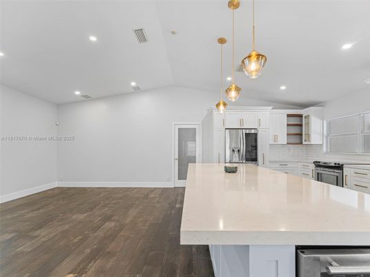 Interior, Kitchen, Pendant Lights, Recessed Lighting, Wood Texture Flooring