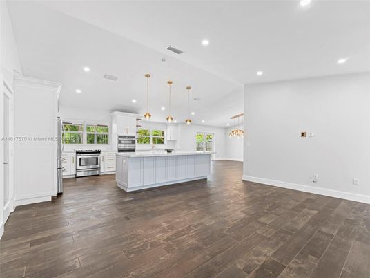Interior, Kitchen, Pendant Lights, Recessed Lighting, Stainless Steel Appliances, Wood Texture Flooring