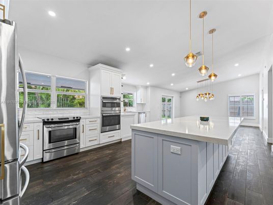 Interior, Kitchen, Pendant Lights, Recessed Lighting, Stainless Steel Appliances, Wood Texture Flooring