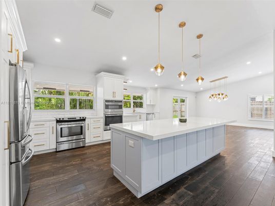 Interior, Kitchen, Pendant Lights, Recessed Lighting, Stainless Steel Appliances, Wood Texture Flooring