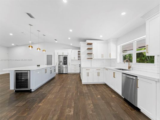 Interior, Kitchen, Pendant Lights, Recessed Lighting, Stainless Steel Appliances, Wood Texture Flooring