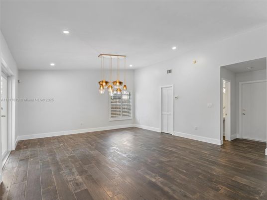 Empty room, Interior, Pendant Lights, Recessed Lighting, Wood Texture Flooring