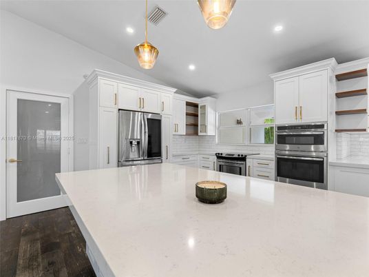 Interior, Kitchen, Pendant Lights, Recessed Lighting, Stainless Steel Appliances, Wood Texture Flooring