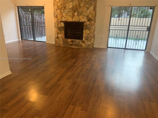 Empty room, Fireplace, Interior, Stone Walls, Wood Texture Flooring
