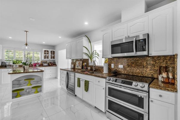 Interior, Kitchen, Marble, Pendant Lights, Recessed Lighting, Stainless Steel Appliances