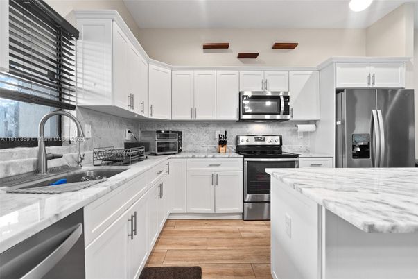 Interior, Kitchen, Stainless Steel Appliances, Wood Texture Flooring