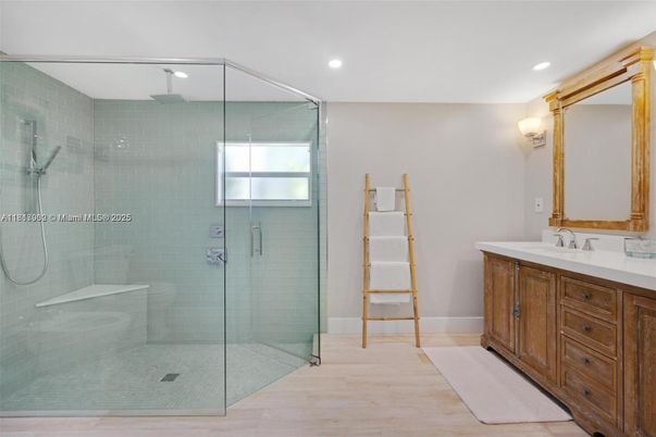 Bathroom, Glass Shower, Interior, Recessed Lighting, Wood Texture Flooring
