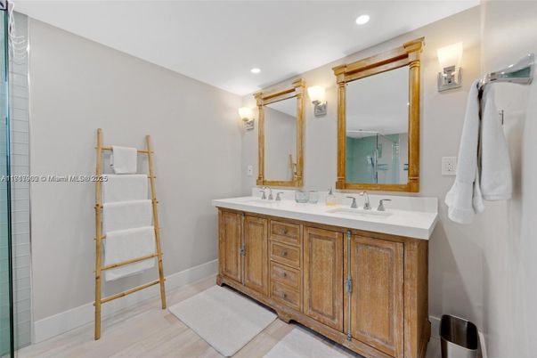 Bathroom, Dual Sink Vanities, Interior, Recessed Lighting, Wood Texture Flooring
