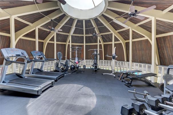 Fitness Equipment, Gym, Interior, Wooden Ceilings