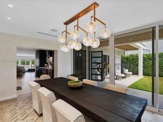 Dining room, Interior, Living room, Pendant Lights, Recessed Lighting, Wood Texture Flooring