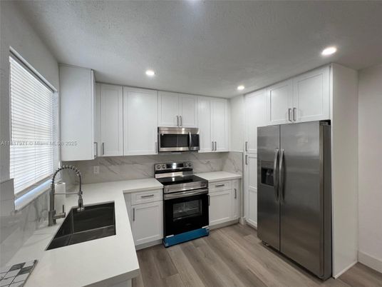 Interior, Kitchen, Recessed Lighting, Stainless Steel Appliances, Wood Texture Flooring