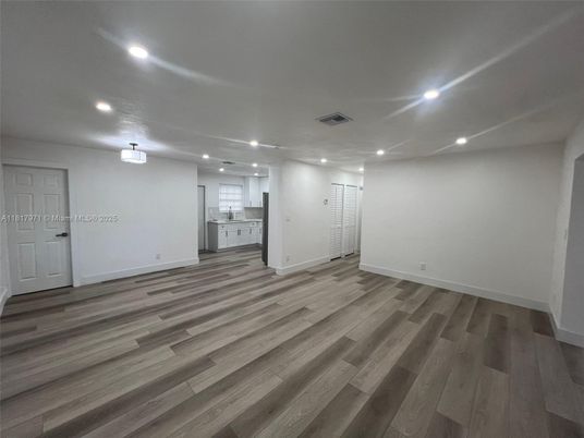 Empty room, Interior, Kitchen, Recessed Lighting, Wood Texture Flooring