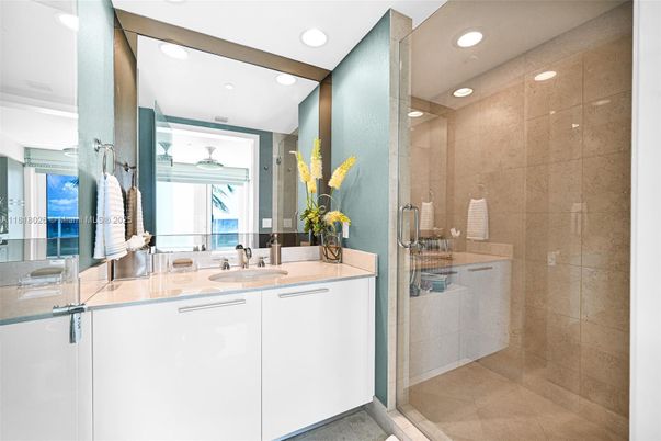 Bathroom, Dual Sink Vanities, Glass Shower, Interior, Recessed Lighting