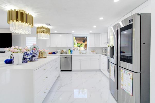 Interior, Kitchen, Marble, Pendant Lights, Recessed Lighting, Stainless Steel Appliances