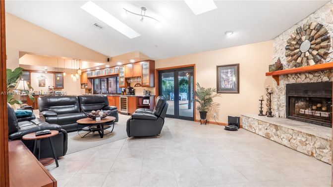 Fireplace, Interior, Kitchen, Living room, Pendant Lights, Recessed Lighting, Stone Walls