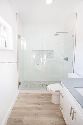 Bathroom, Glass Shower, Interior, Recessed Lighting, Wood Texture Flooring