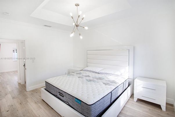 Bedroom, Interior, Pendant Lights, Wood Texture Flooring