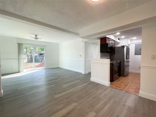 Empty room, Interior, Kitchen, Recessed Lighting, Wood Texture Flooring