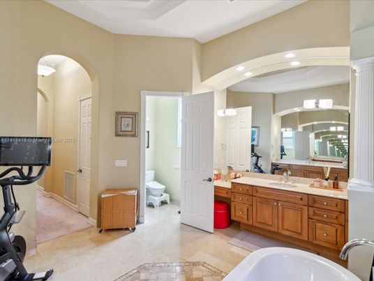 Bathroom, Dual Sink Vanities, Fitness Equipment, Interior, Recessed Lighting
