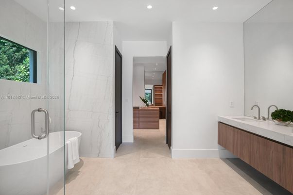 Bathroom, Dual Sink Vanities, Free Standing Baths, Interior, Marble Walls, Recessed Lighting