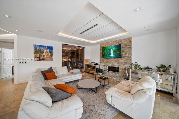 Fireplace, Interior, Living room, Recessed Lighting, Stone Walls
