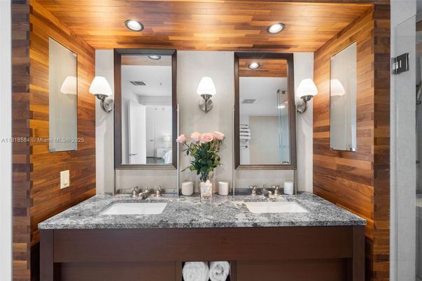Bathroom, Dual Sink Vanities, Interior, Recessed Lighting, Wooden Ceilings