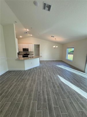 Empty room, Interior, Kitchen, Pendant Lights, Recessed Lighting, Wood Texture Flooring