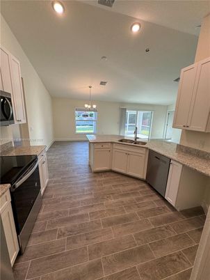 Chandelier, Interior, Kitchen, Pendant Lights, Recessed Lighting, Wood Texture Flooring