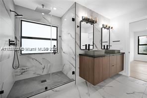 Bathroom, Glass Shower, Interior, Marble, Marble Walls, Recessed Lighting, Wood Texture Flooring