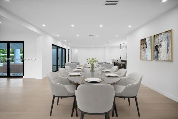 Dining room, Interior, Pendant Lights, Recessed Lighting, Wood Texture Flooring