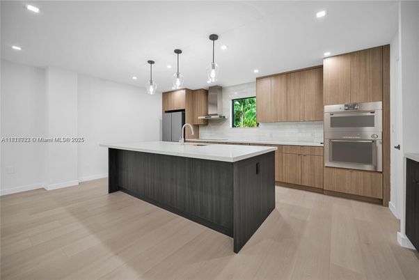 Interior, Kitchen, Pendant Lights, Recessed Lighting, Stainless Steel Appliances, Wood Texture Flooring