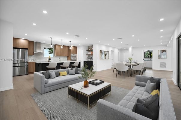 Dining room, Interior, Kitchen, Living room, Pendant Lights, Recessed Lighting, Stainless Steel Appliances, Wood Texture Flooring