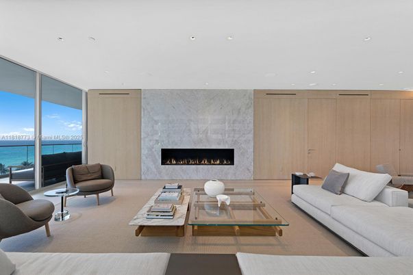 Fireplace, Interior, Living room, Marble Walls, Recessed Lighting, Water