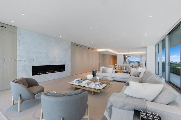 Dining room, Fireplace, Interior, Living room, Marble Walls, Pendant Lights, Recessed Lighting