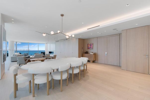 Dining room, Interior, Pendant Lights, Recessed Lighting, Water, Wood Texture Flooring