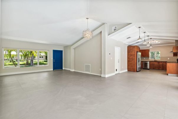 Chandelier, Empty room, Interior, Kitchen, Pendant Lights, Stainless Steel Appliances