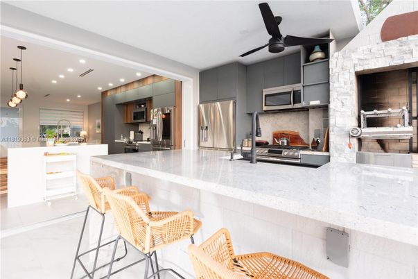 Interior, Kitchen, Marble, Pendant Lights, Recessed Lighting, Stainless Steel Appliances