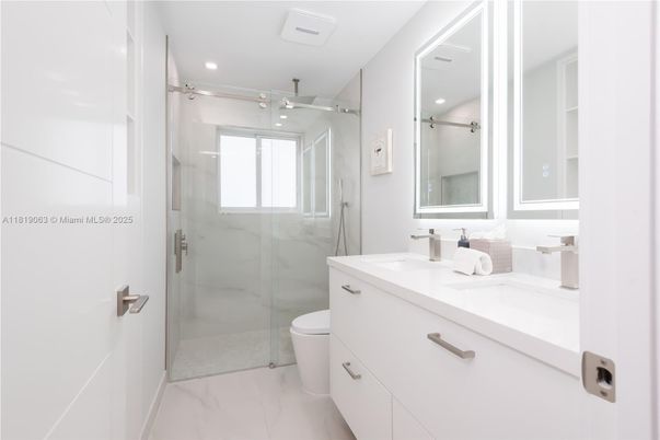 Bathroom, Glass Shower, Interior, Marble, Marble Walls, Recessed Lighting