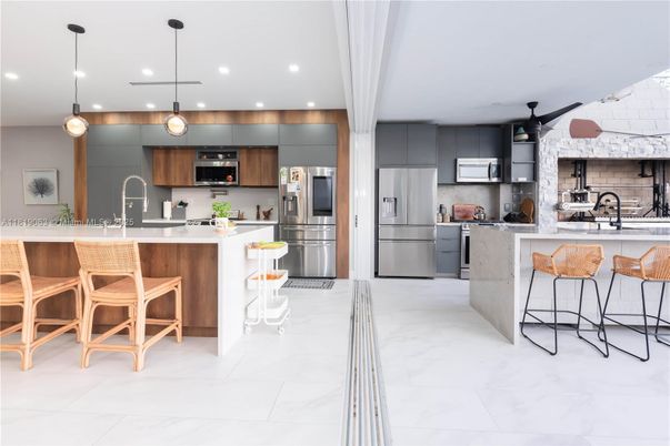 Interior, Kitchen, Marble, Pendant Lights, Recessed Lighting, Stainless Steel Appliances